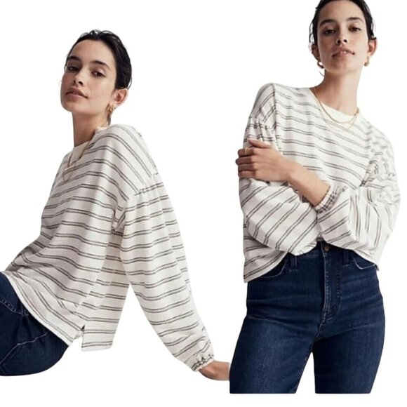 Madewell Striped Puff Drop Shoulder Balloon Sleeve Striped Top 2022 Size M - Picture 1 of 14